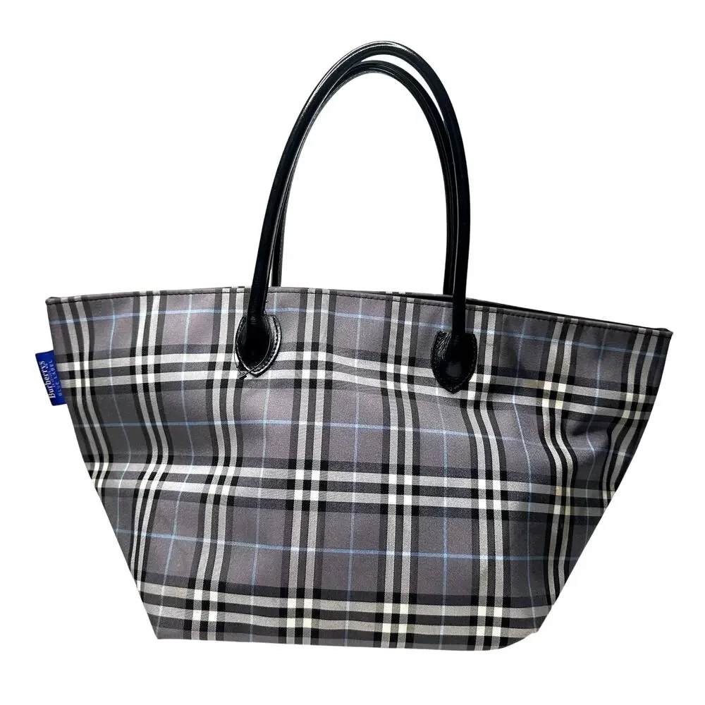 Autre Marque Burberrys London Gray Nova Check Blue Label NylonTote Bag